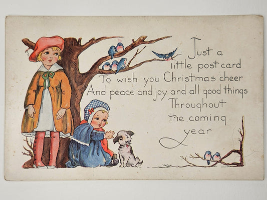 1920s Christmas Postcard- Sweet Children Playing With Puppy And Bluebirds- Whitney Made - Never mailed - some foxing