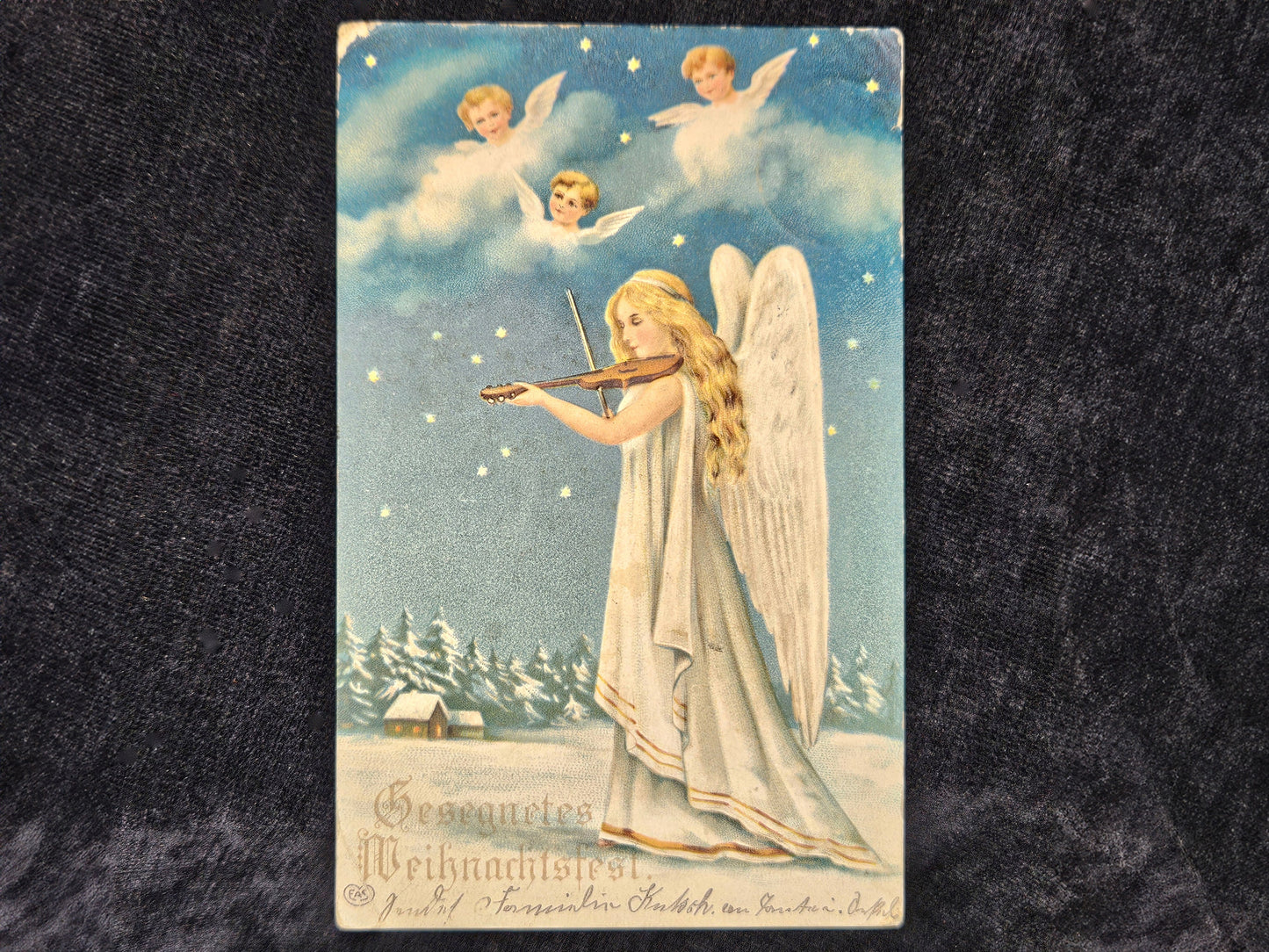 Angel Playing Violin With Cherubs with Snowy Night Time Landscape - German Christmas Postcard -