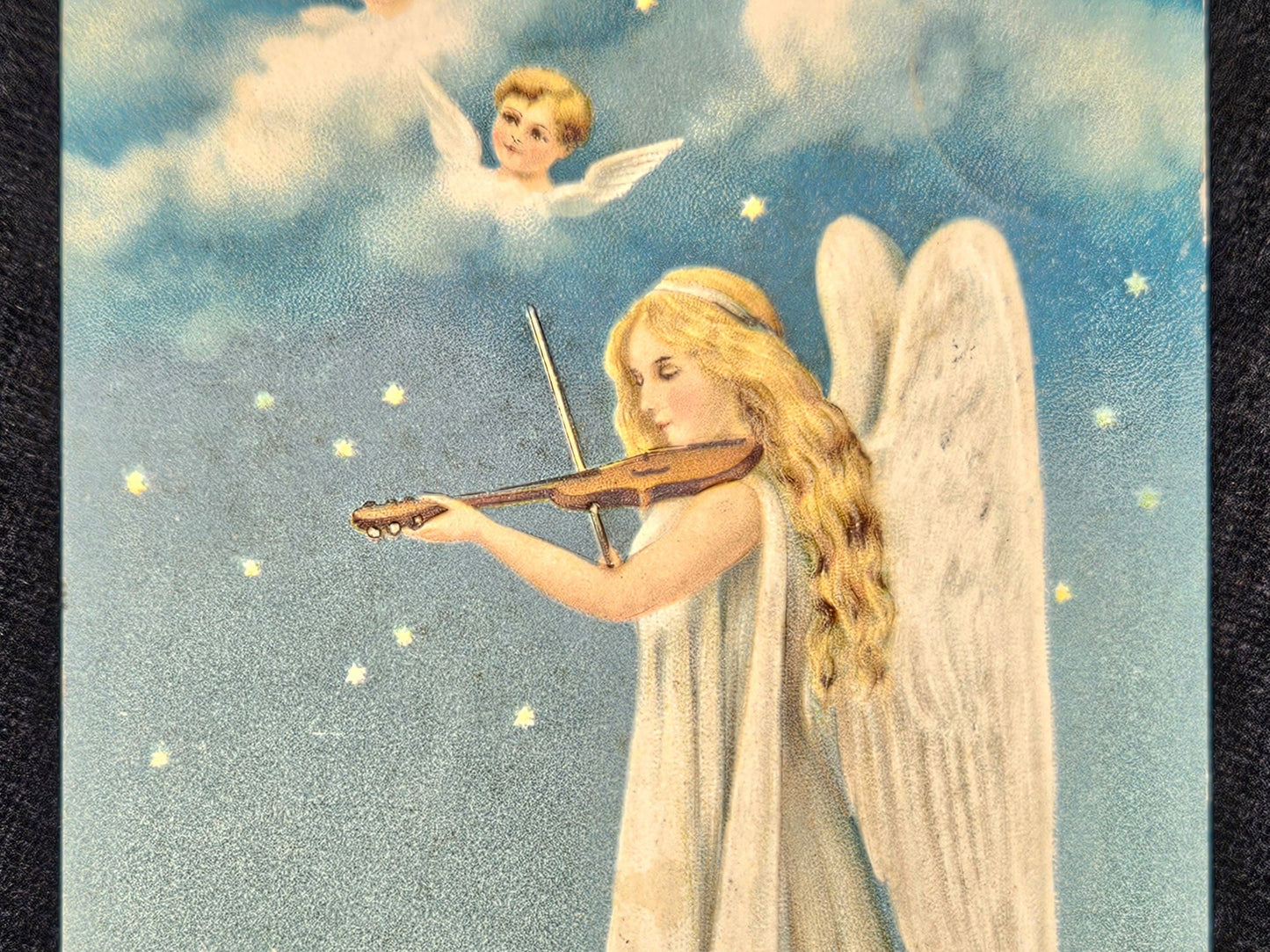 Angel Playing Violin With Cherubs with Snowy Night Time Landscape - German Christmas Postcard -