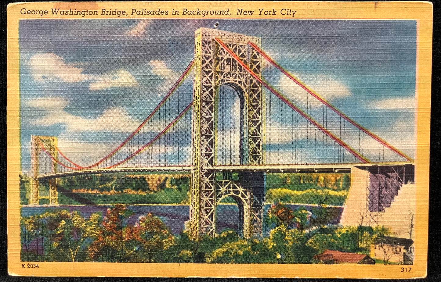 George Washington Bridge late 1940s, Palisades in Background, New York City  - Vintage Bridge Postcard