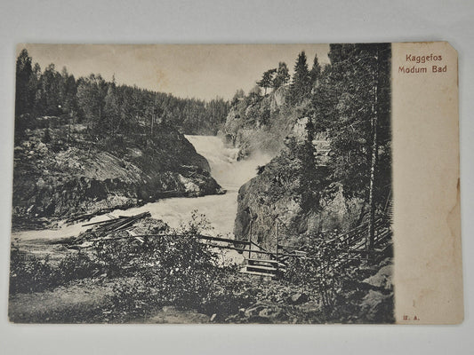 1906 Modum Bad Norway Kaggefos Vikersund- Waterfall Forest Landscape - Offset Printed Black and White Photo