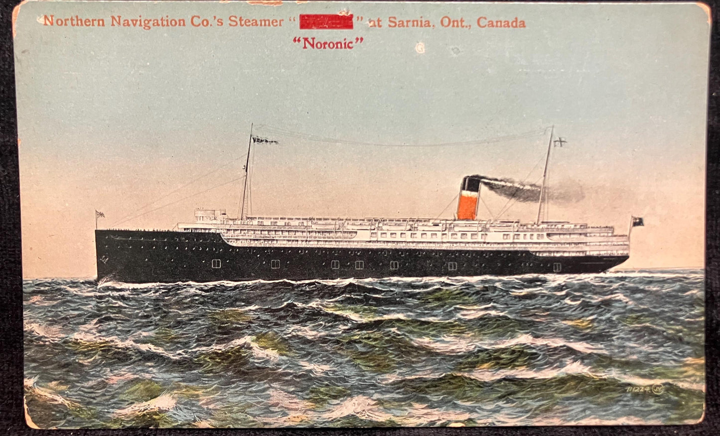 Northern Navigation Co.'s Steamer "Noronic" at Sarnia, Not., Canada - Printed in Great Britain - Vintage Steam Boat Postcard