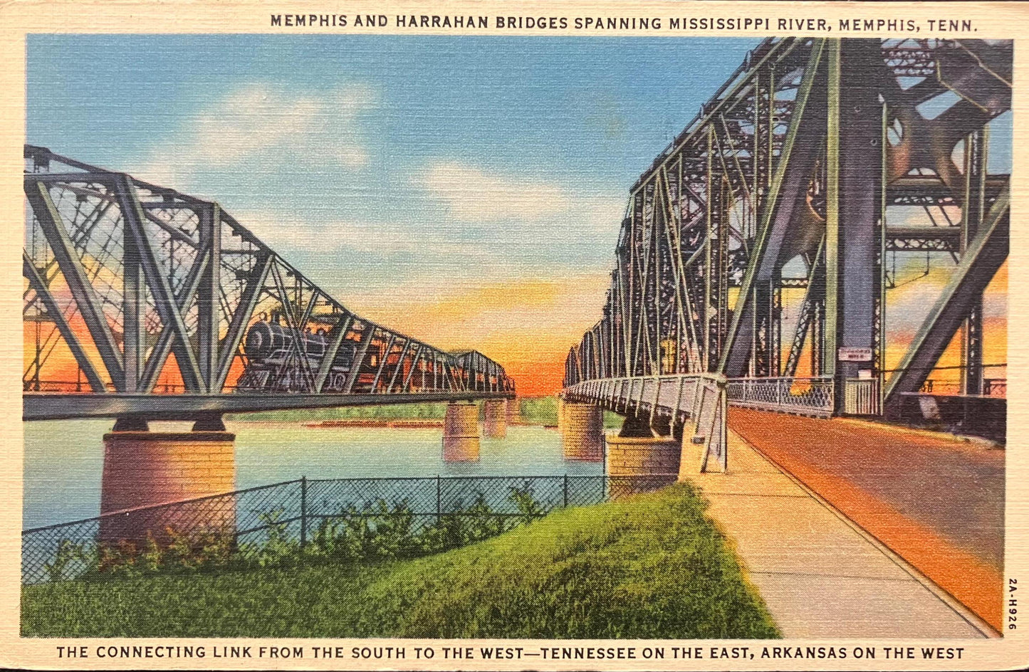 Memphis and Harrahan Bridges Spanning Mississippi River, Memphis, Tenn. - Linen Bridge Postcard