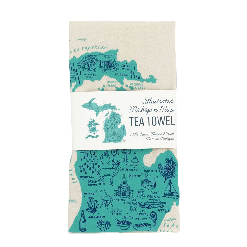 Illustrated Michigan Map Tea Towel